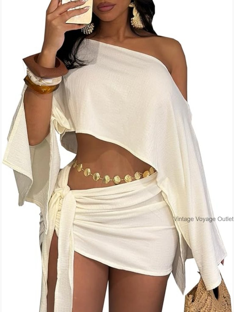 Women's 2 Piece Batwing Off Shoulder Crop Top Mini Skirt Set Small